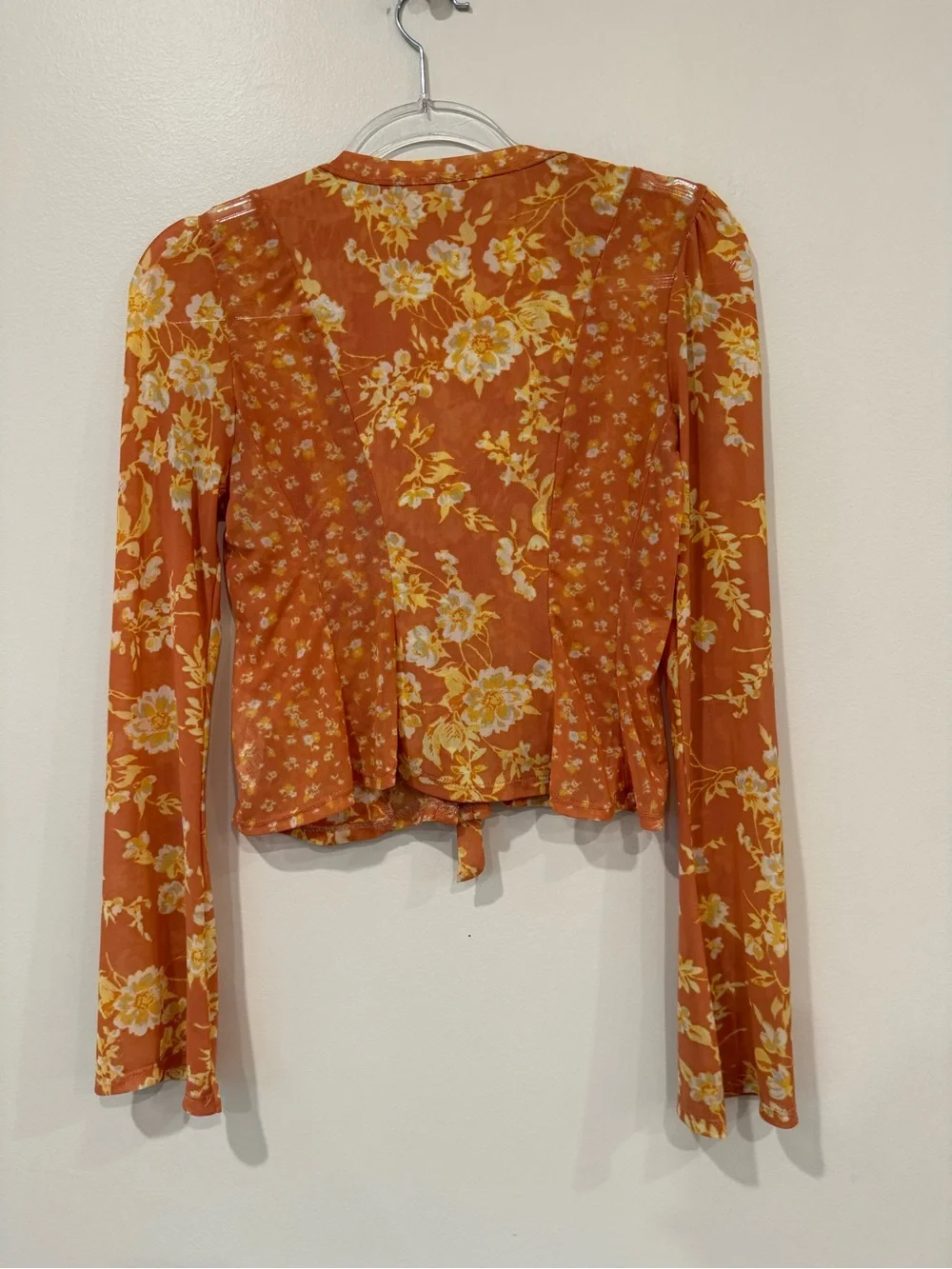Free People Floral Sheer Mesh Tie Front Button Up Blouse Orange Yellow XS